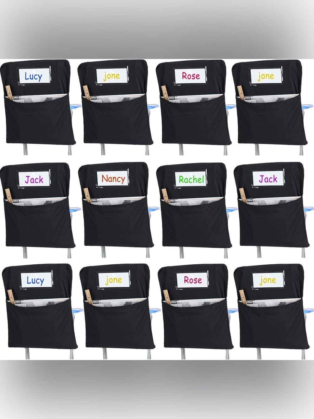 (New) Heavy Duty Canvas Black Chair Back Organizers w/ Label Pockets (Set of 12)